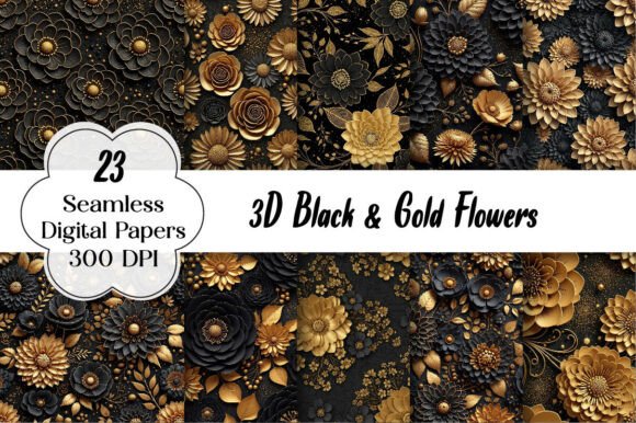Elevating Design with 3D Black Gold Flowers Seamless Digital Patterns