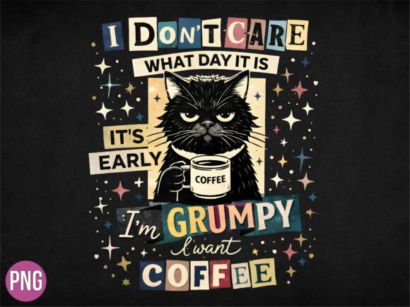 Grumpy Black Cat Coffee Lover Retro PNG