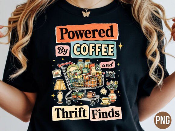 Powered by Coffee Thrift Finds Shirt PNG: Elevate Your Creative Projects with High-Quality Digital Art